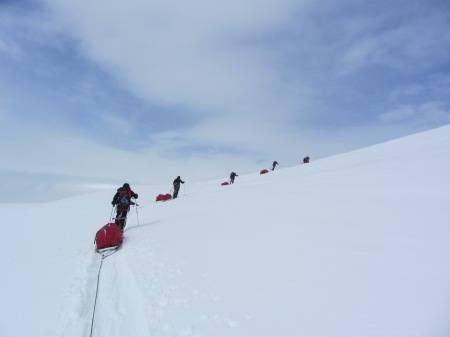 The BSAE team on the Antarctic Peninsula. The badges were mounted on one of the sledges. Photo taken by Martin Densham.